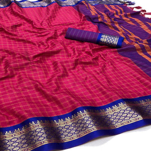 Kumkum Red Festive Wear Checks With Woven Border Cotton Silk Saree