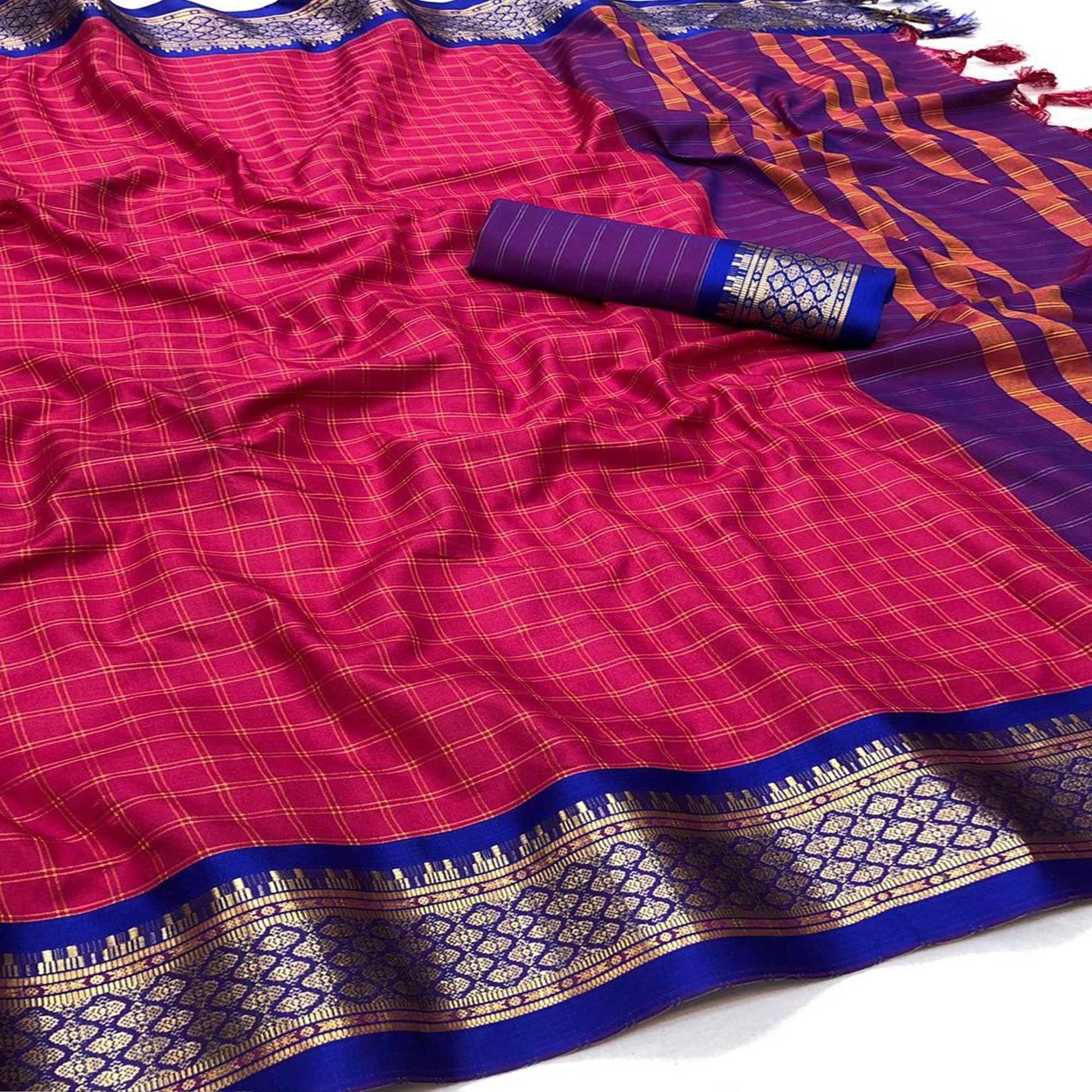 Kumkum Red Festive Wear Checks With Woven Border Cotton Silk Saree