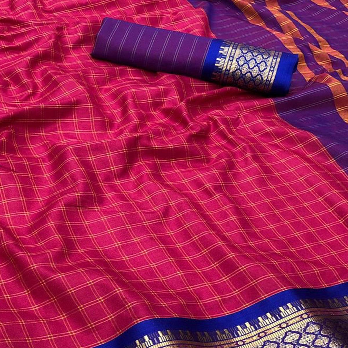 Kumkum Red Festive Wear Checks With Woven Border Cotton Silk Saree