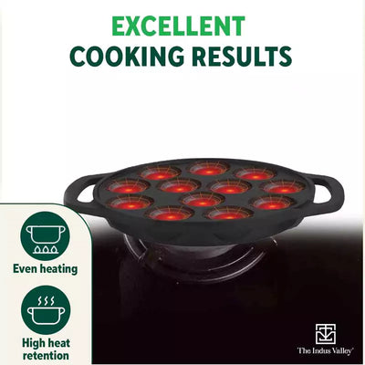 12 Pit/Cup CASTrong Cast Iron Kuzhi Paniyaram/Paddu Pan/Appe Maker+ Free Spatula, Pre-seasoned, 100% Pure, Toxin-free, 21 cm, 2.2 kg