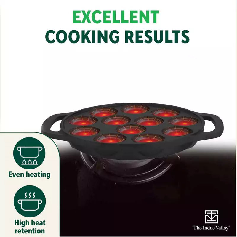 12 Pit/Cup CASTrong Cast Iron Kuzhi Paniyaram/Paddu Pan/Appe Maker+ Free Spatula, Pre-seasoned, 100% Pure, Toxin-free, 21 cm, 2.2 kg