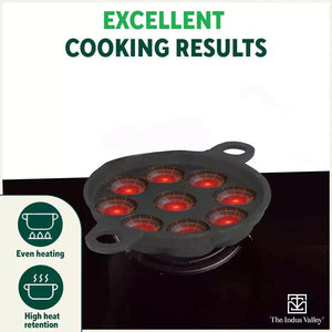 9 Pit/Cup CASTrong Cast Iron Paniyaram/Appe Pan+ Glass Lid, Pre-seasoned, Natural Nonstick, 100% Pure, Toxin-free, 21 cm, 2.7 kg