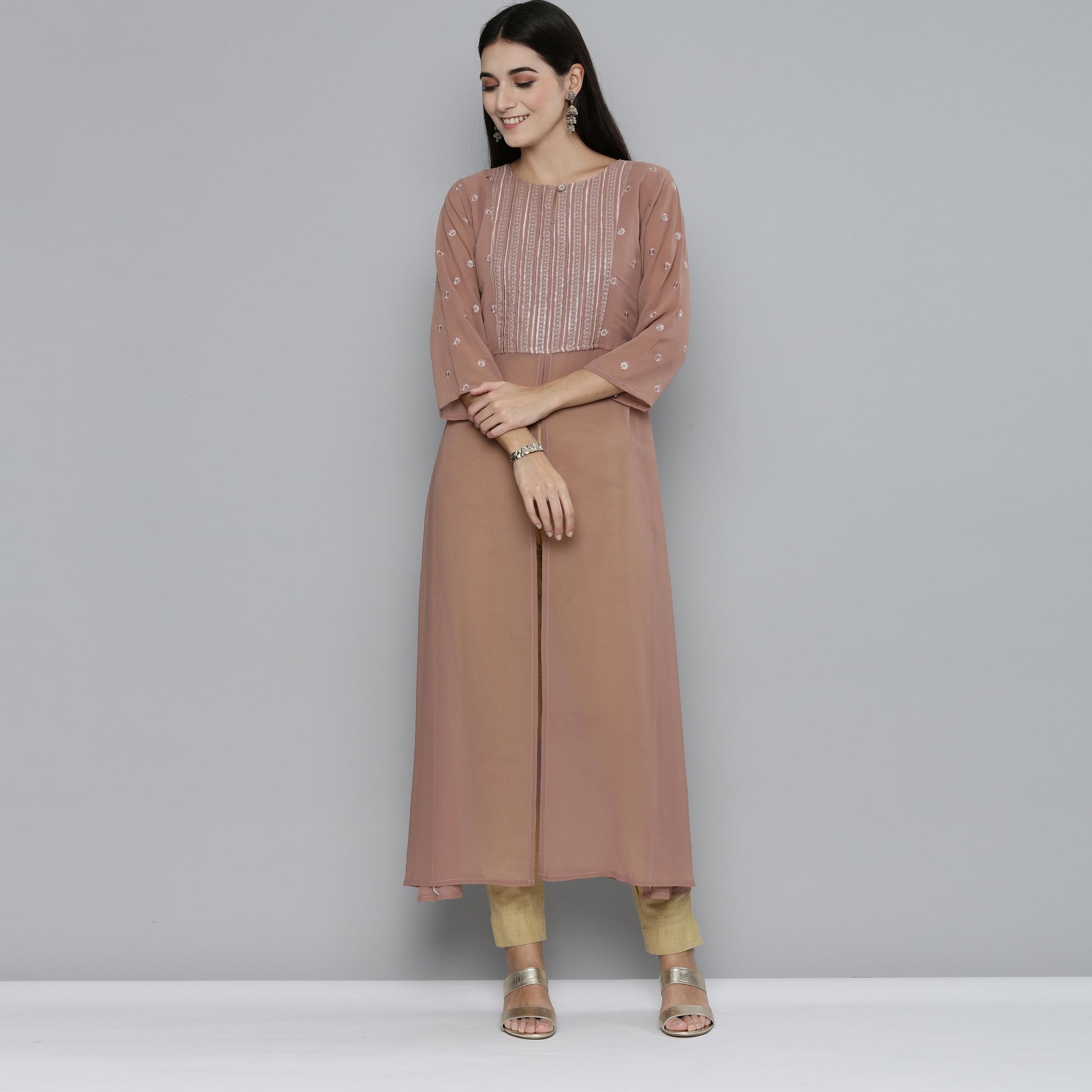 Kvsfab - Tortilla (Brown ) Festive Wear Sequins & Embroidered work Georgette Kurti