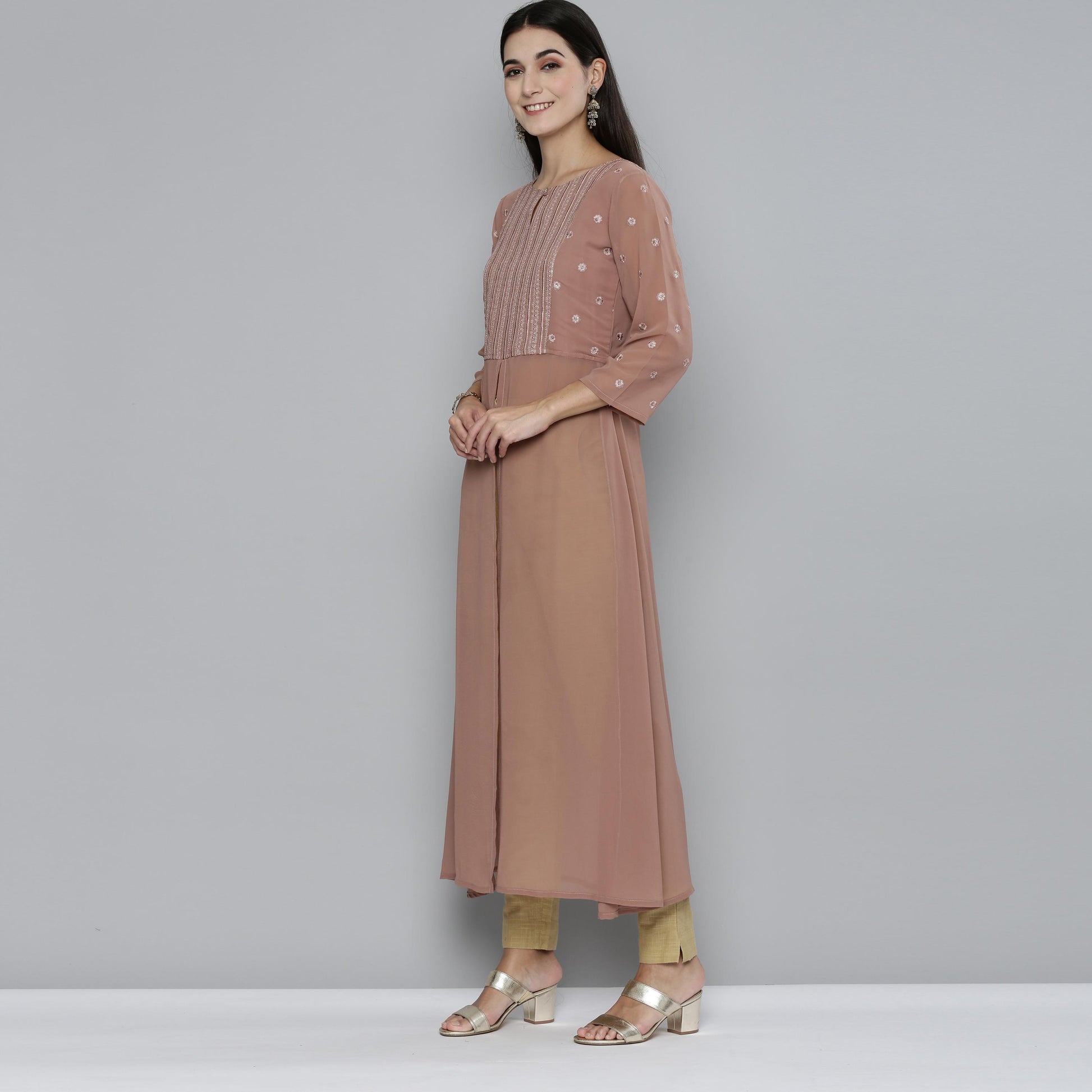 Kvsfab - Tortilla (Brown ) Festive Wear Sequins & Embroidered work Georgette Kurti