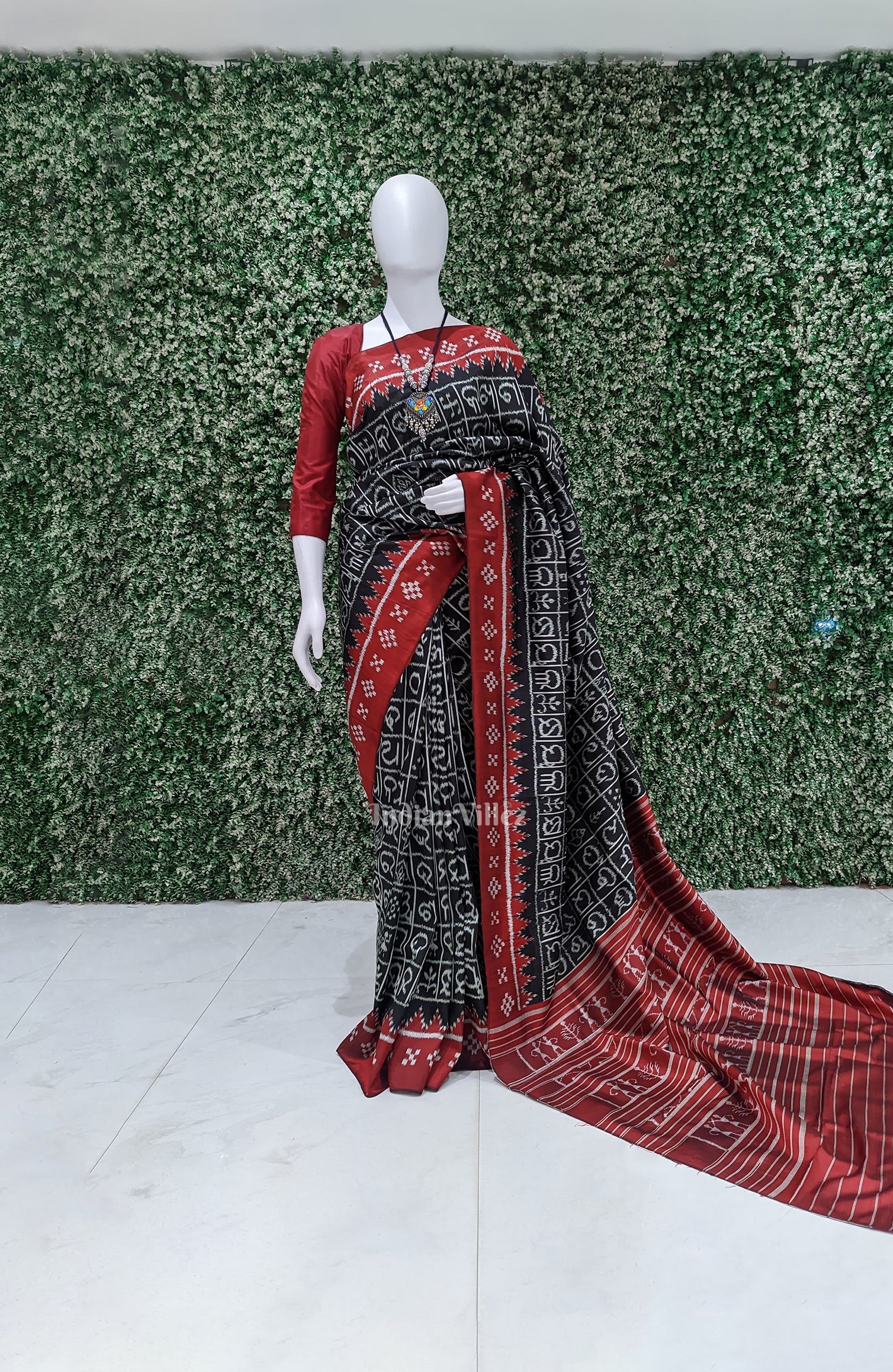 Black Maroon Odia Barnamala Contemporary Silk Saree