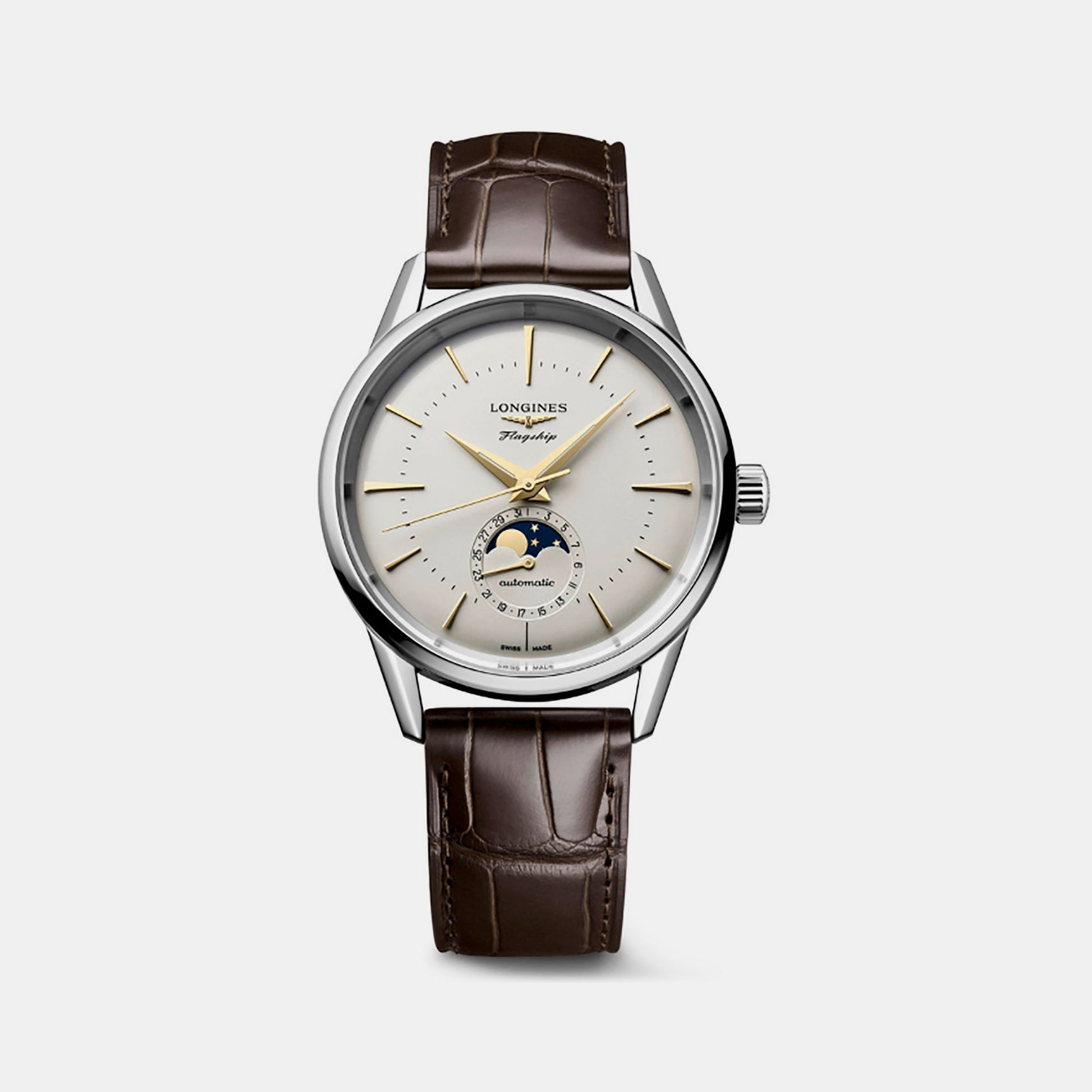 Flagship Heritage Moonphase Men Automatic Silver Dial Analog Leather Watch L48154782
