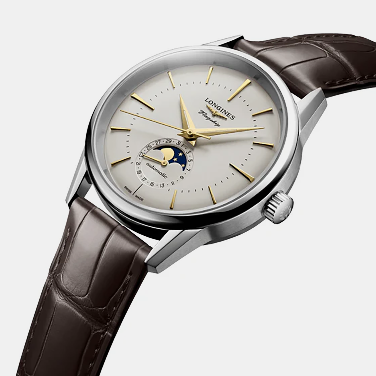 Flagship Heritage Moonphase Men Automatic Silver Dial Analog Leather Watch L48154782