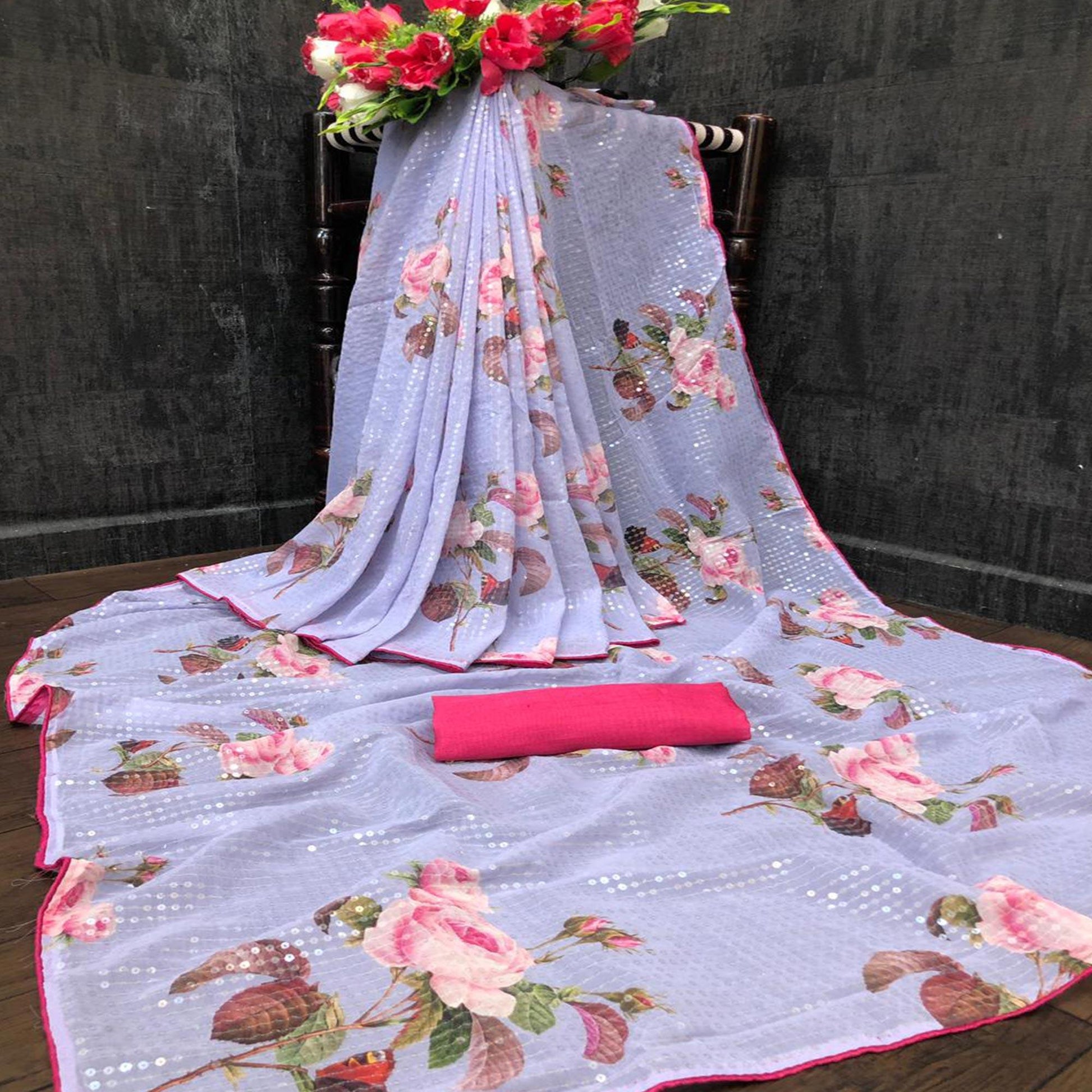 Lavendar Casual Wear Printed & Sequins Work Heavy Georgette Saree