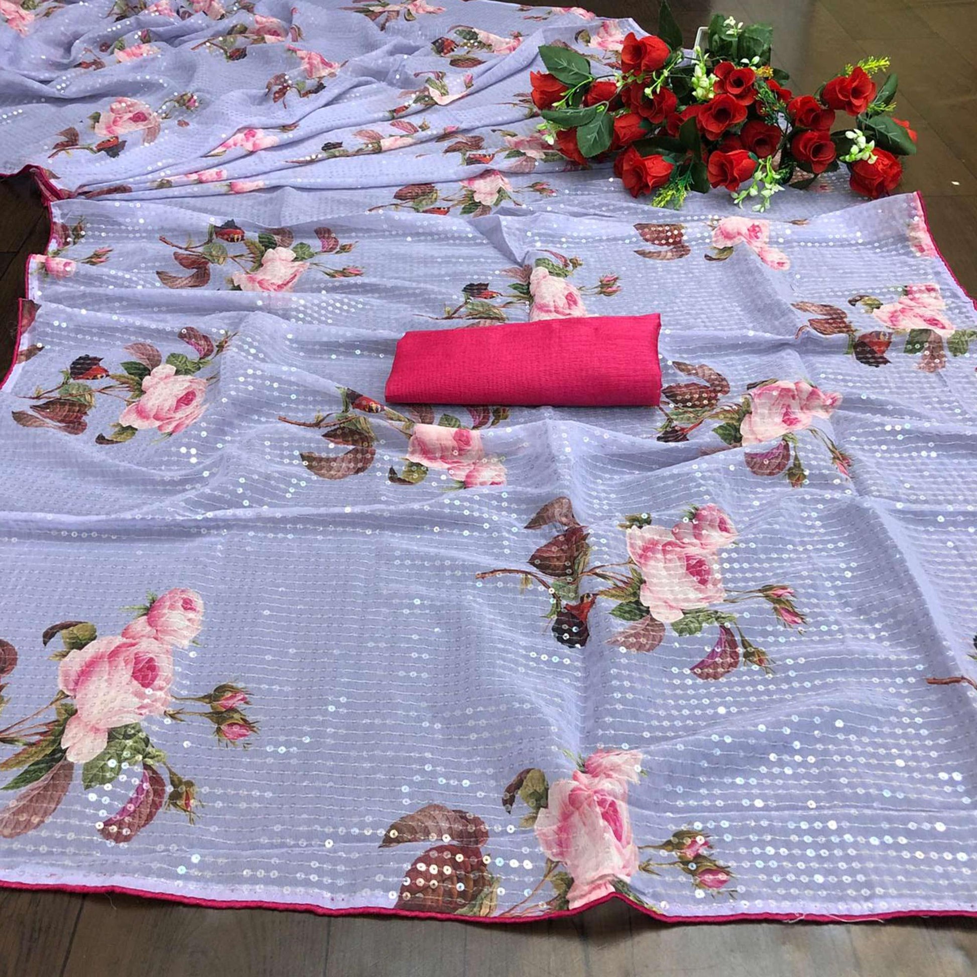 Lavendar Casual Wear Printed & Sequins Work Heavy Georgette Saree