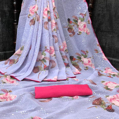 Lavendar Casual Wear Printed & Sequins Work Heavy Georgette Saree