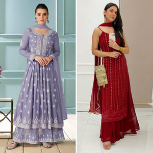Lavender And Maroon Palazzo Suits Pack of 2