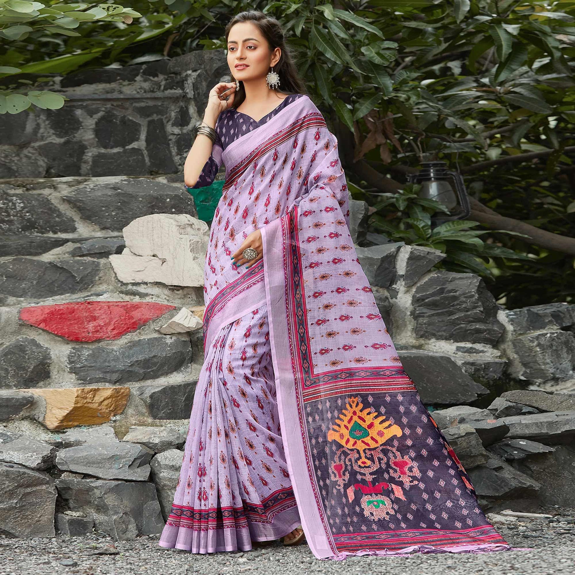 Lavender Casual Wear Digital Printed Pure Linen Saree