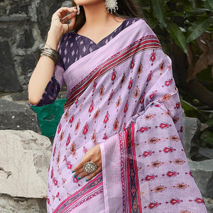 Lavender Casual Wear Digital Printed Pure Linen Saree