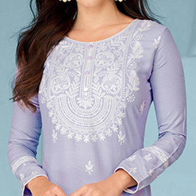 Lavender Casual Wear Embroidered Rayon Kurti