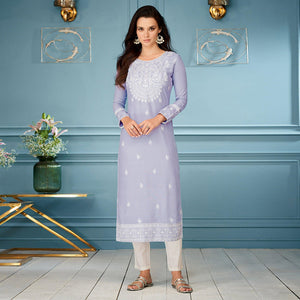Lavender Casual Wear Embroidered Rayon Kurti