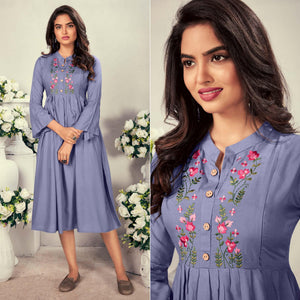 Lavender Casual Wear Embroidered Rayon Maternity Kurti