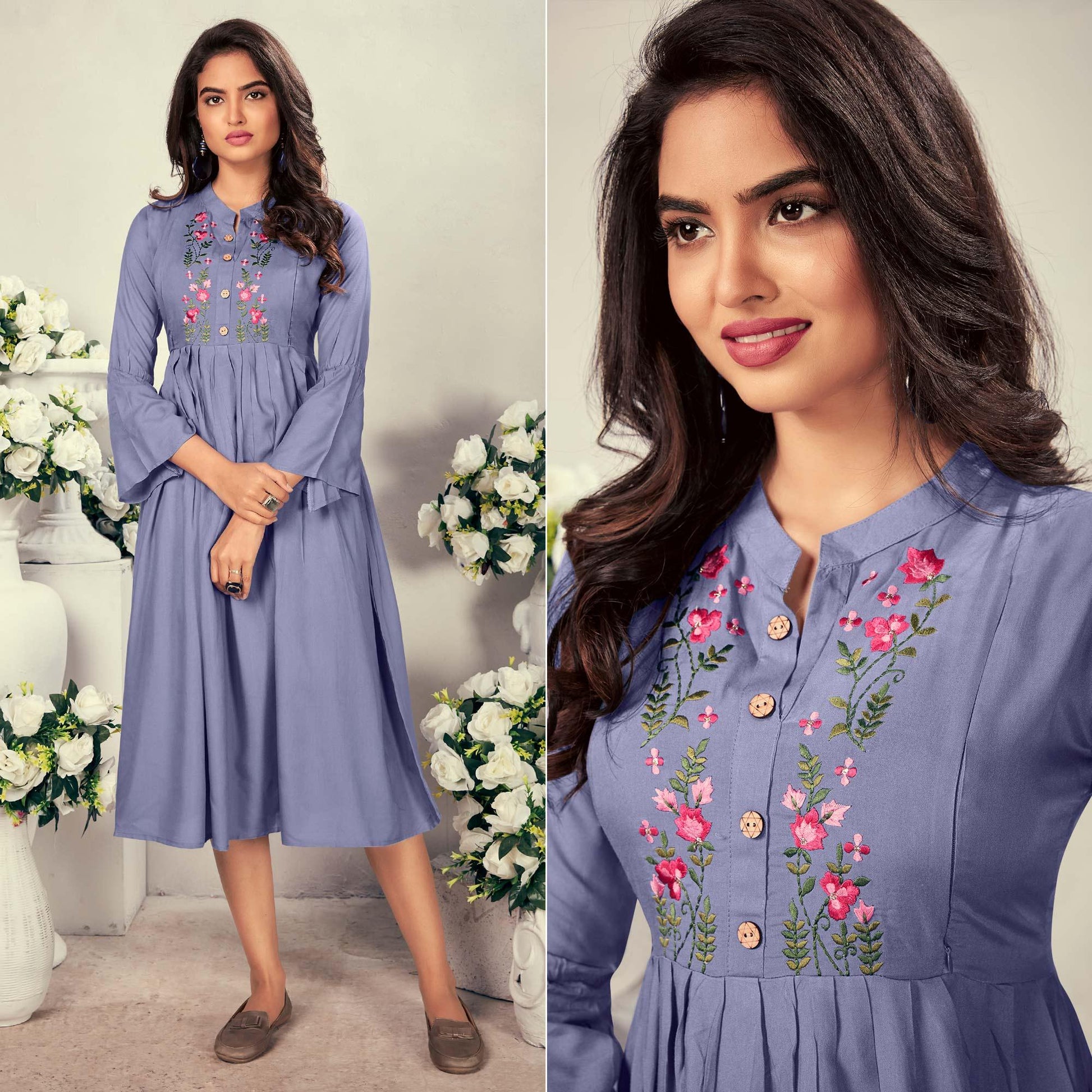 Lavender Casual Wear Embroidered Rayon Maternity Kurti