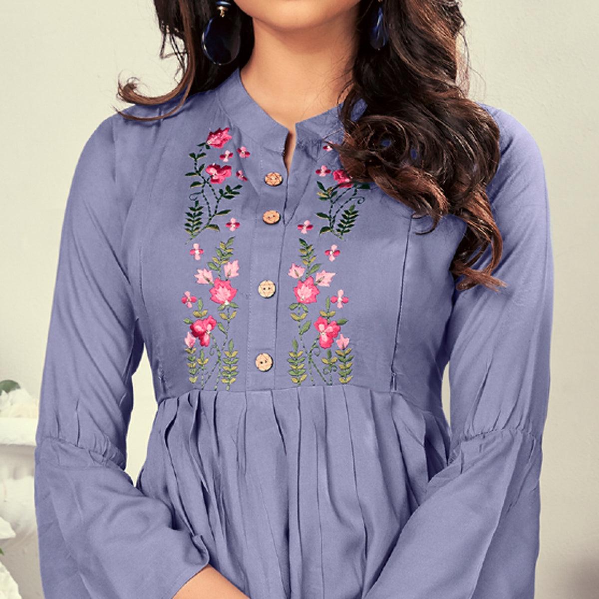 Lavender Casual Wear Embroidered Rayon Maternity Kurti