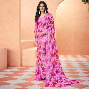 Lavender Casual Wear Floral Printed Chiffon Saree