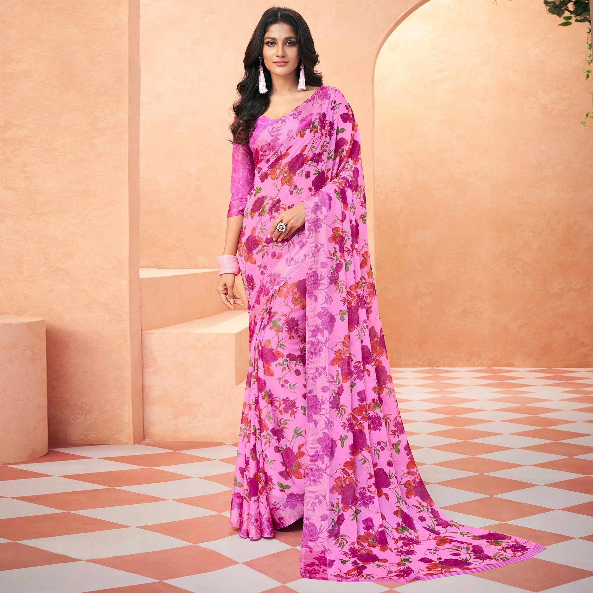 Lavender Casual Wear Floral Printed Chiffon Saree