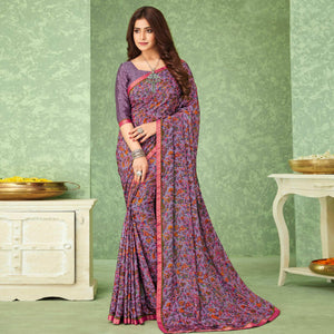 Lavender Casual Wear Floral Printed Crepe Saree With Banarasi Border