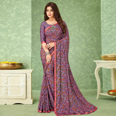 Lavender Casual Wear Floral Printed Crepe Saree With Banarasi Border