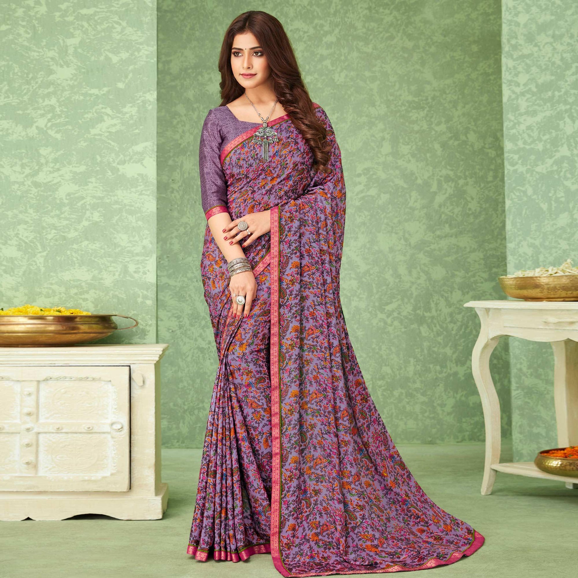 Lavender Casual Wear Floral Printed Crepe Saree With Banarasi Border