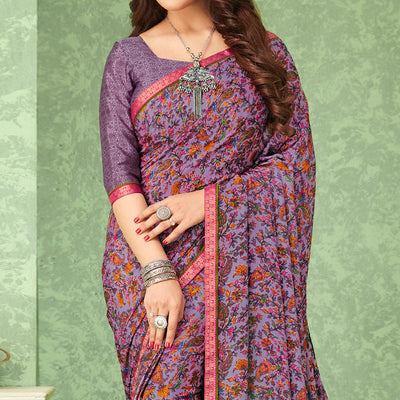 Lavender Casual Wear Floral Printed Crepe Saree With Banarasi Border