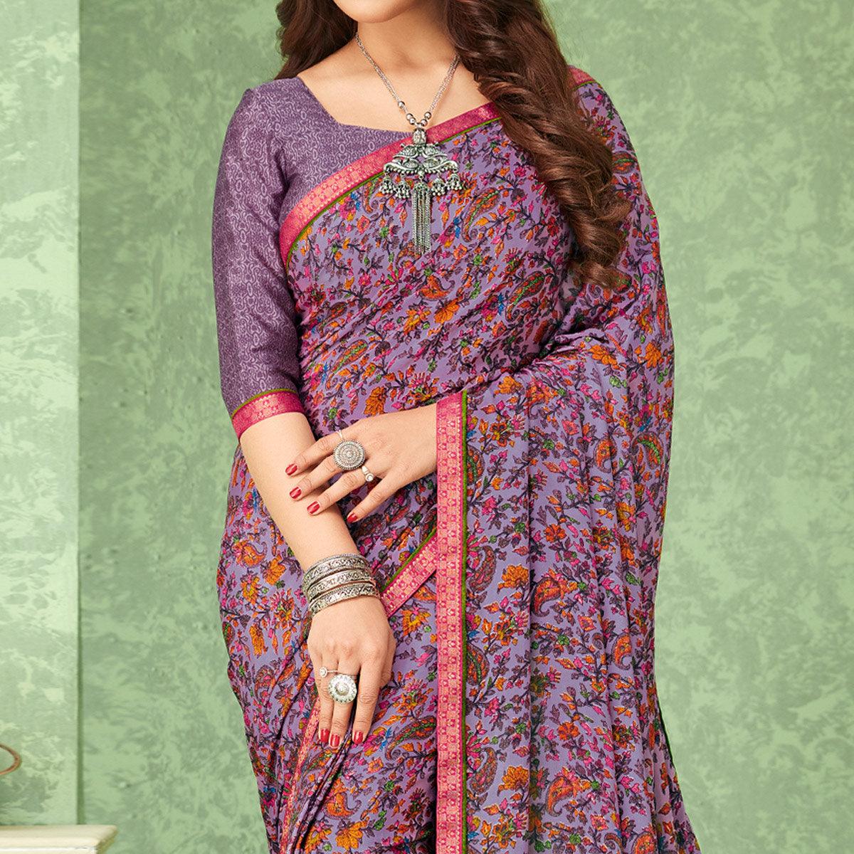 Lavender Casual Wear Floral Printed Crepe Saree With Banarasi Border