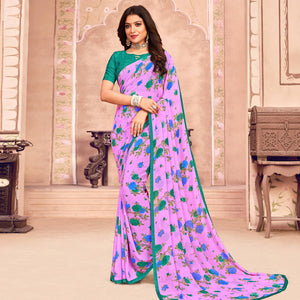 Lavender Casual Wear Floral Printed Georgette Saree