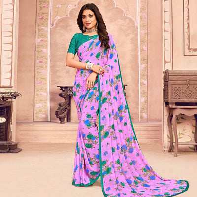 Lavender Casual Wear Floral Printed Georgette Saree