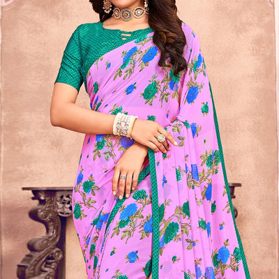 Lavender Casual Wear Floral Printed Georgette Saree