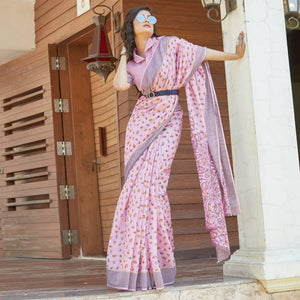 Lavender Casual Wear Pedding Printed Linen Satin Saree