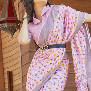 Lavender Casual Wear Pedding Printed Linen Satin Saree