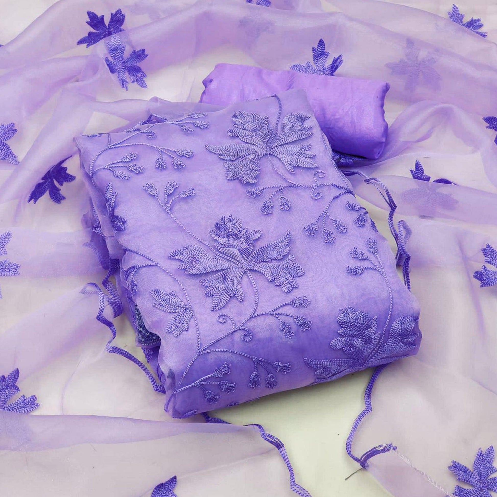 Lavender Embroidered Organza Dress Material
