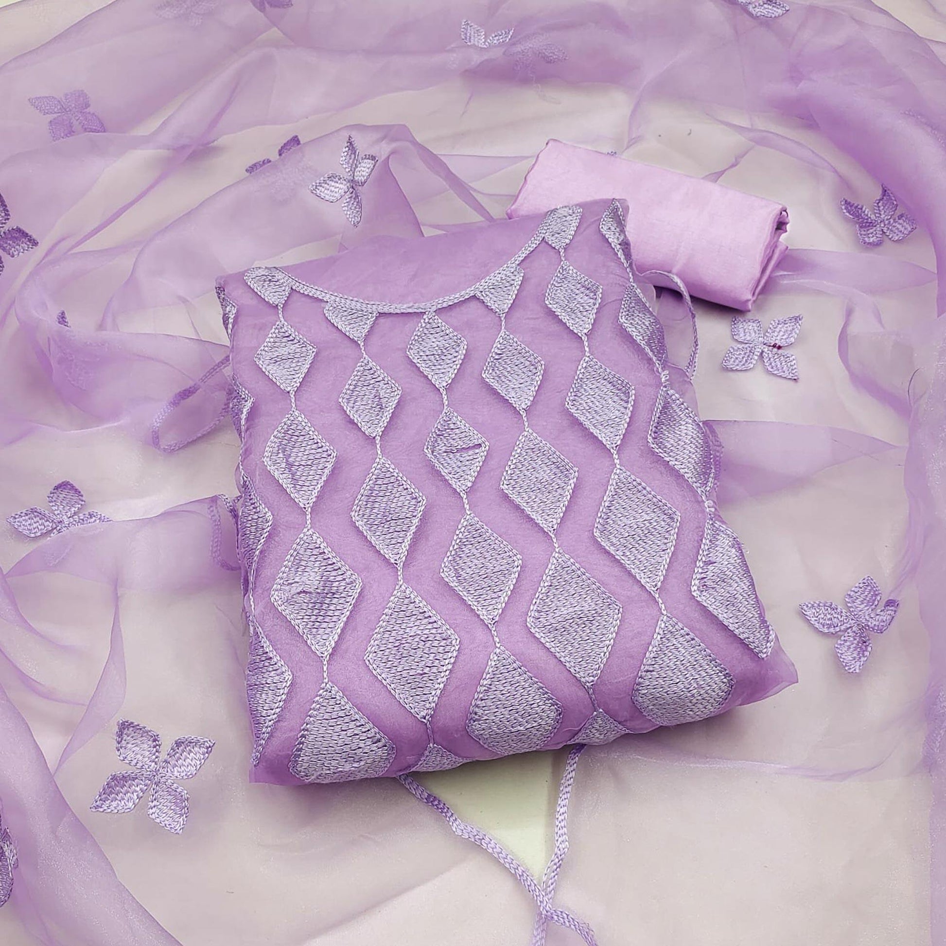 Lavender Embroidered Organza Dress Material