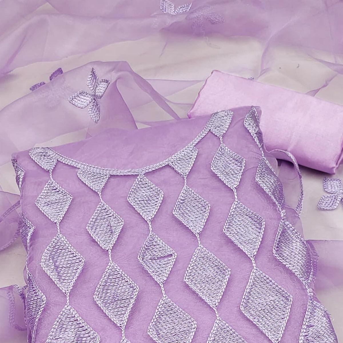 Lavender Embroidered Organza Dress Material