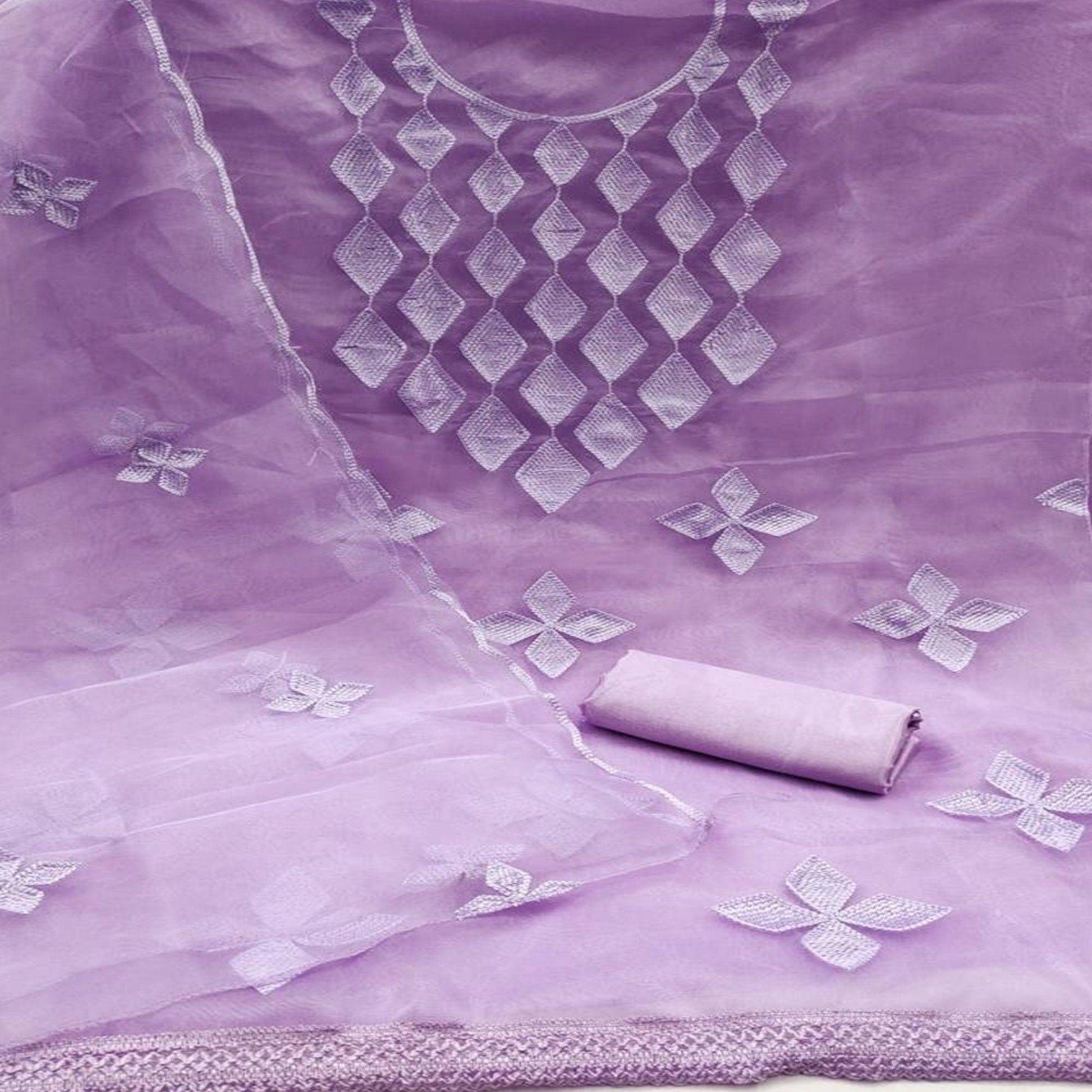 Lavender Embroidered Organza Dress Material
