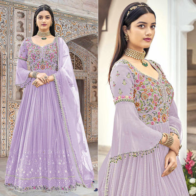 Lavender Embroidered With Embellished Georgette Anarkali Style Gown