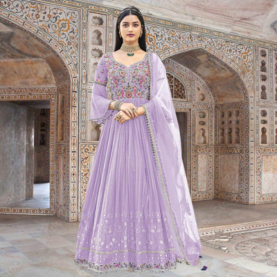Lavender Embroidered With Embellished Georgette Anarkali Style Gown
