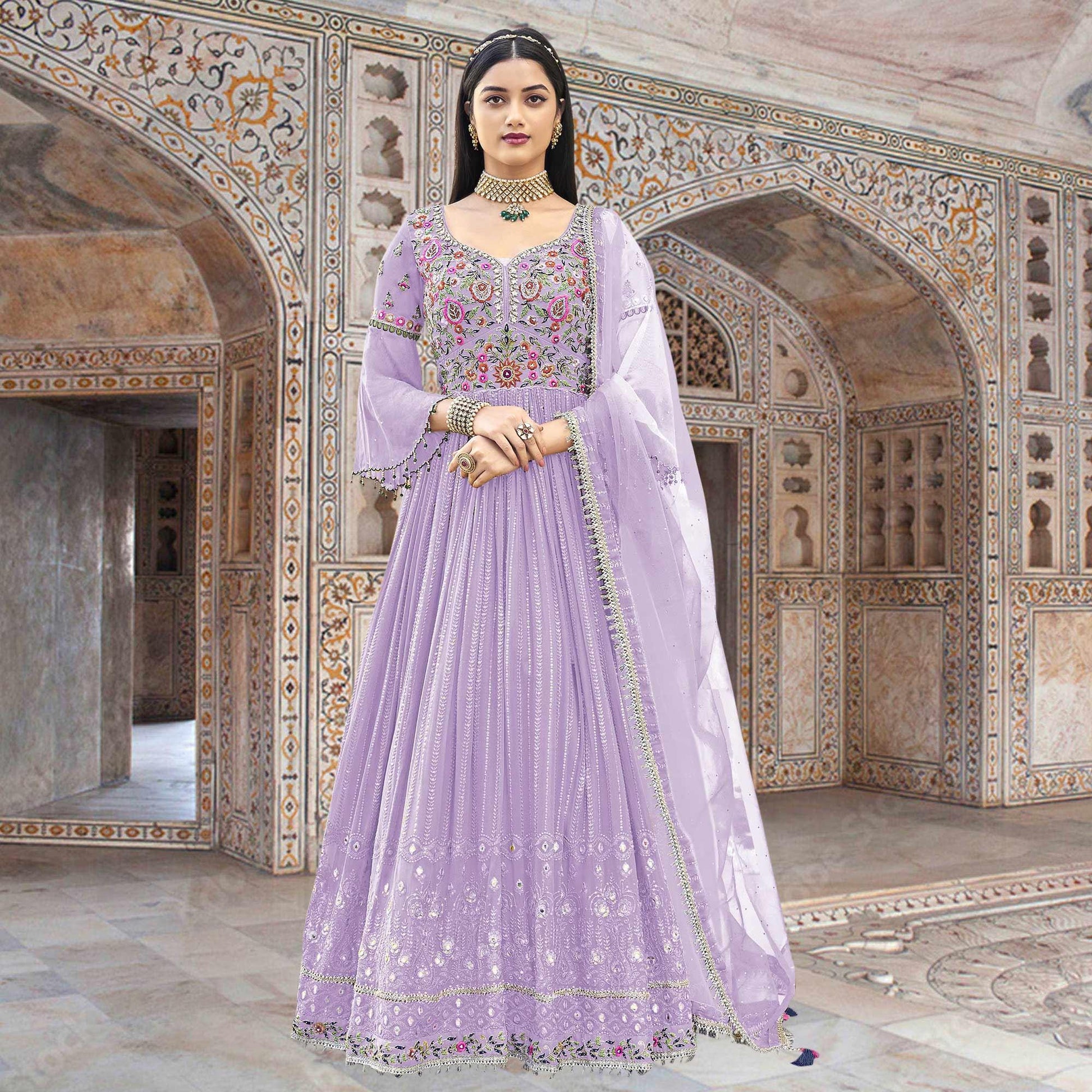 Lavender Embroidered With Embellished Georgette Anarkali Style Gown