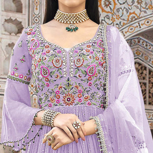 Lavender Embroidered With Embellished Georgette Anarkali Style Gown