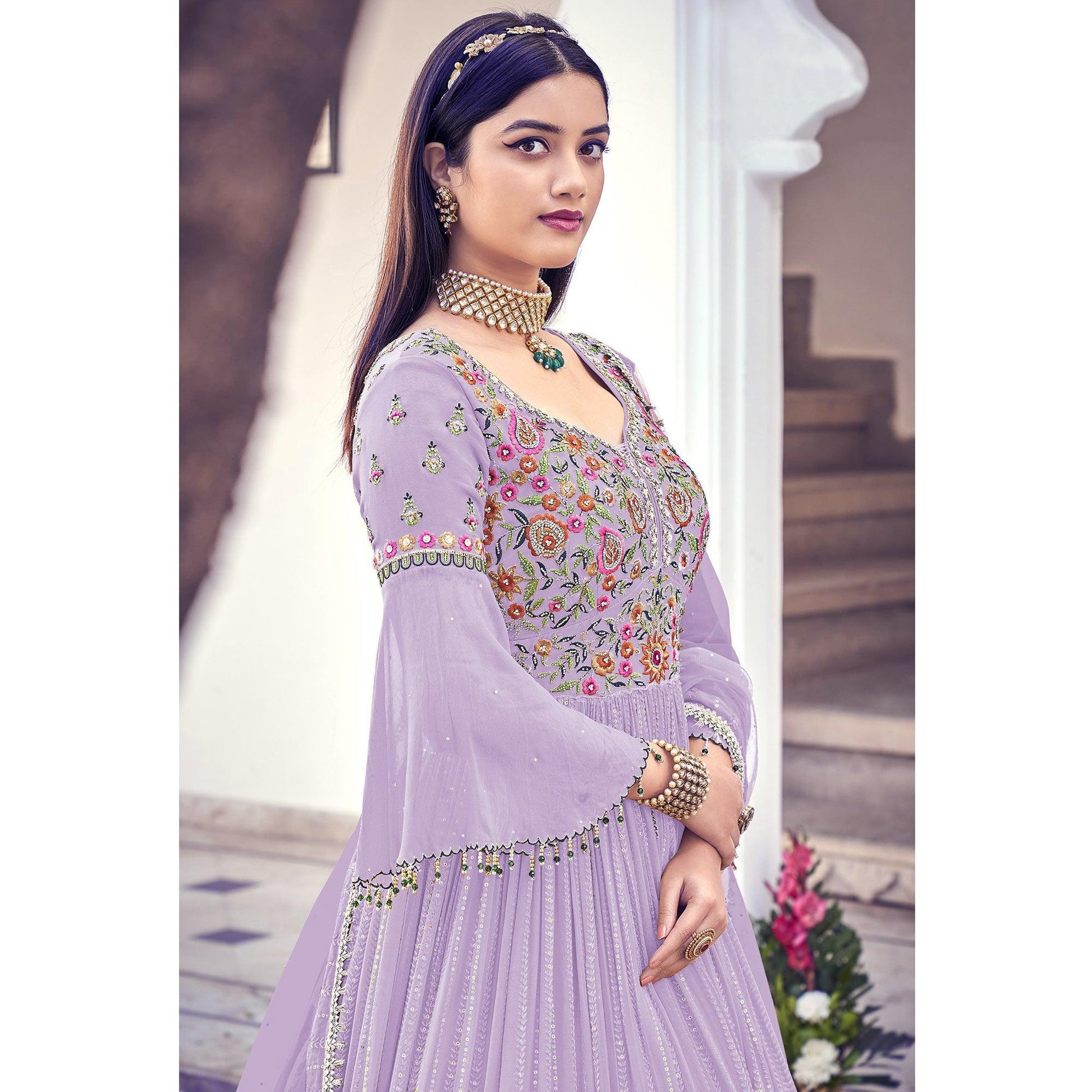 Lavender Embroidered With Embellished Georgette Anarkali Style Gown