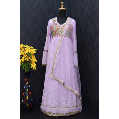 Lavender Embroidered With Embellished Georgette Anarkali Style Gown