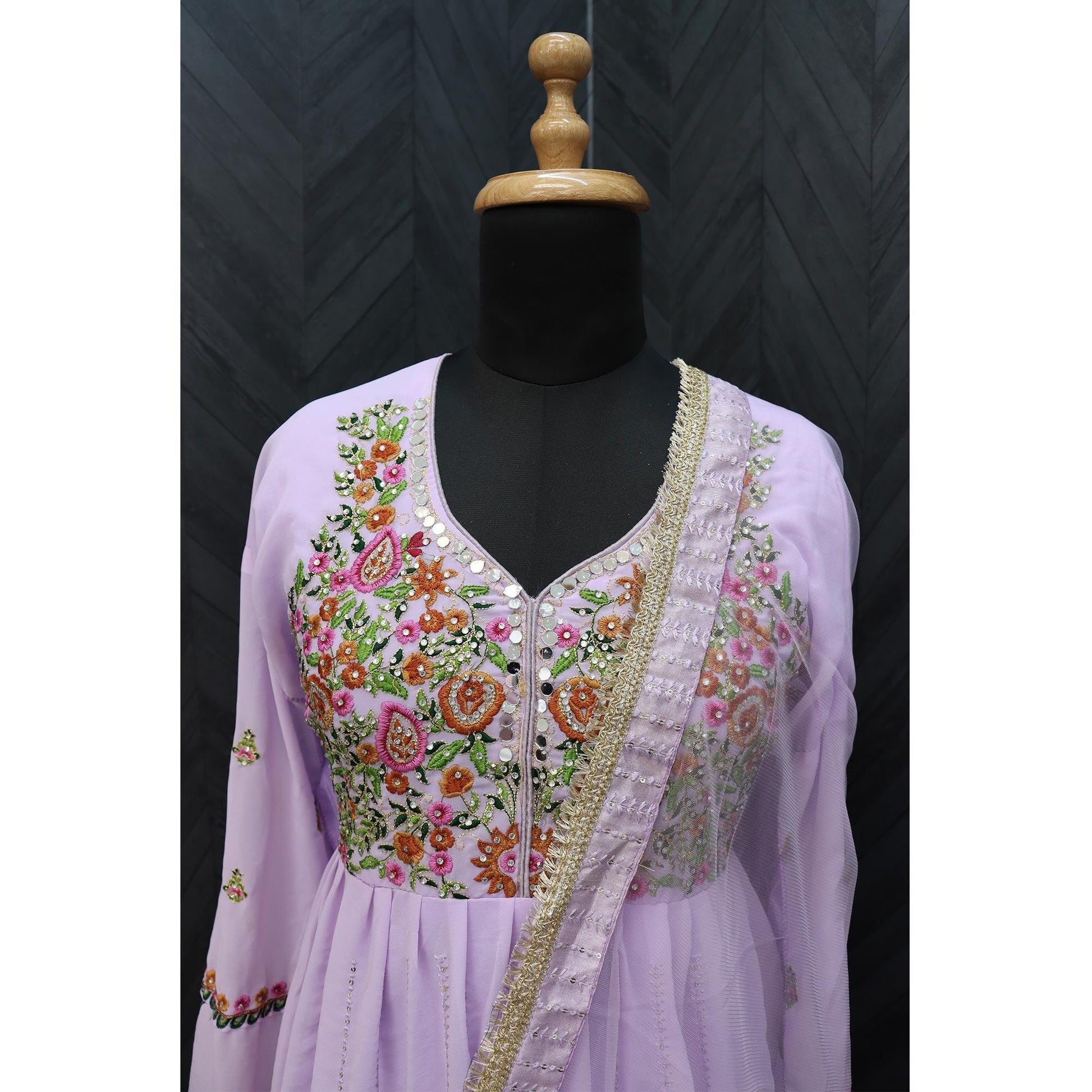 Lavender Embroidered With Embellished Georgette Anarkali Style Gown