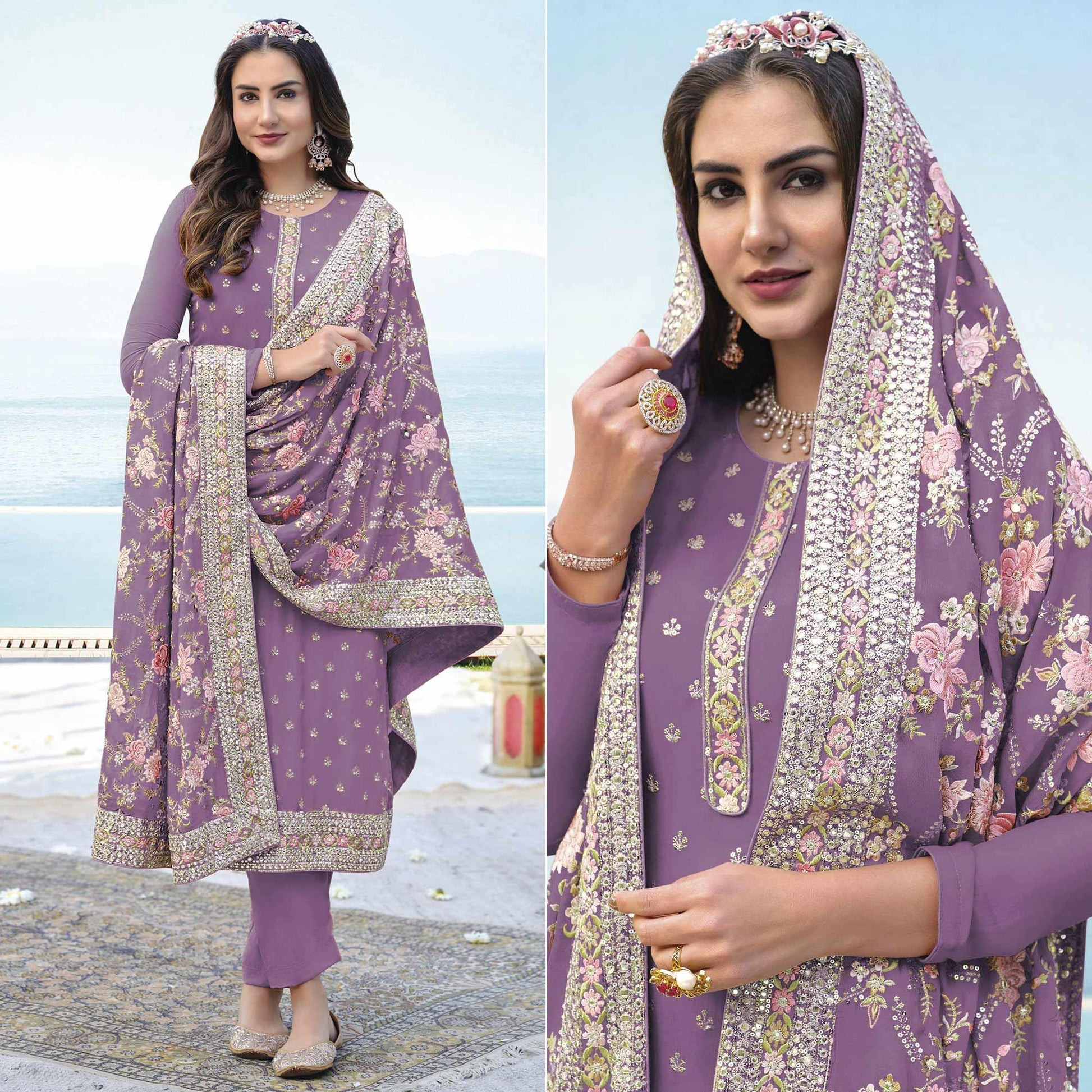 Lavender Embroidered With Embellished Georgette Salwar Suit