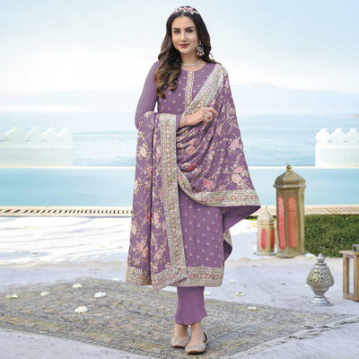 Lavender Embroidered With Embellished Georgette Salwar Suit