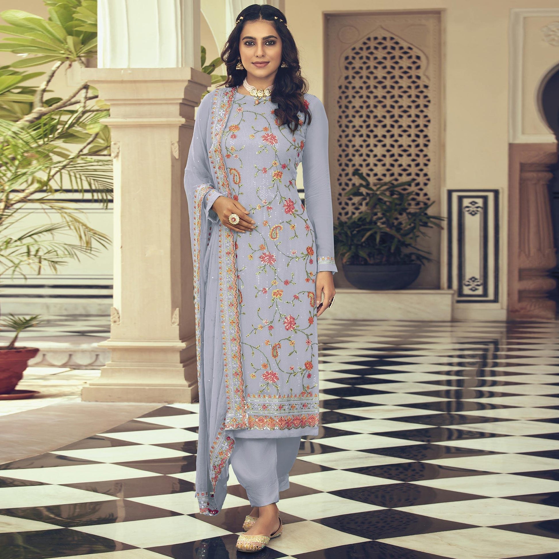 Lavender Embroidered With Embellished Georgette Salwar Suit