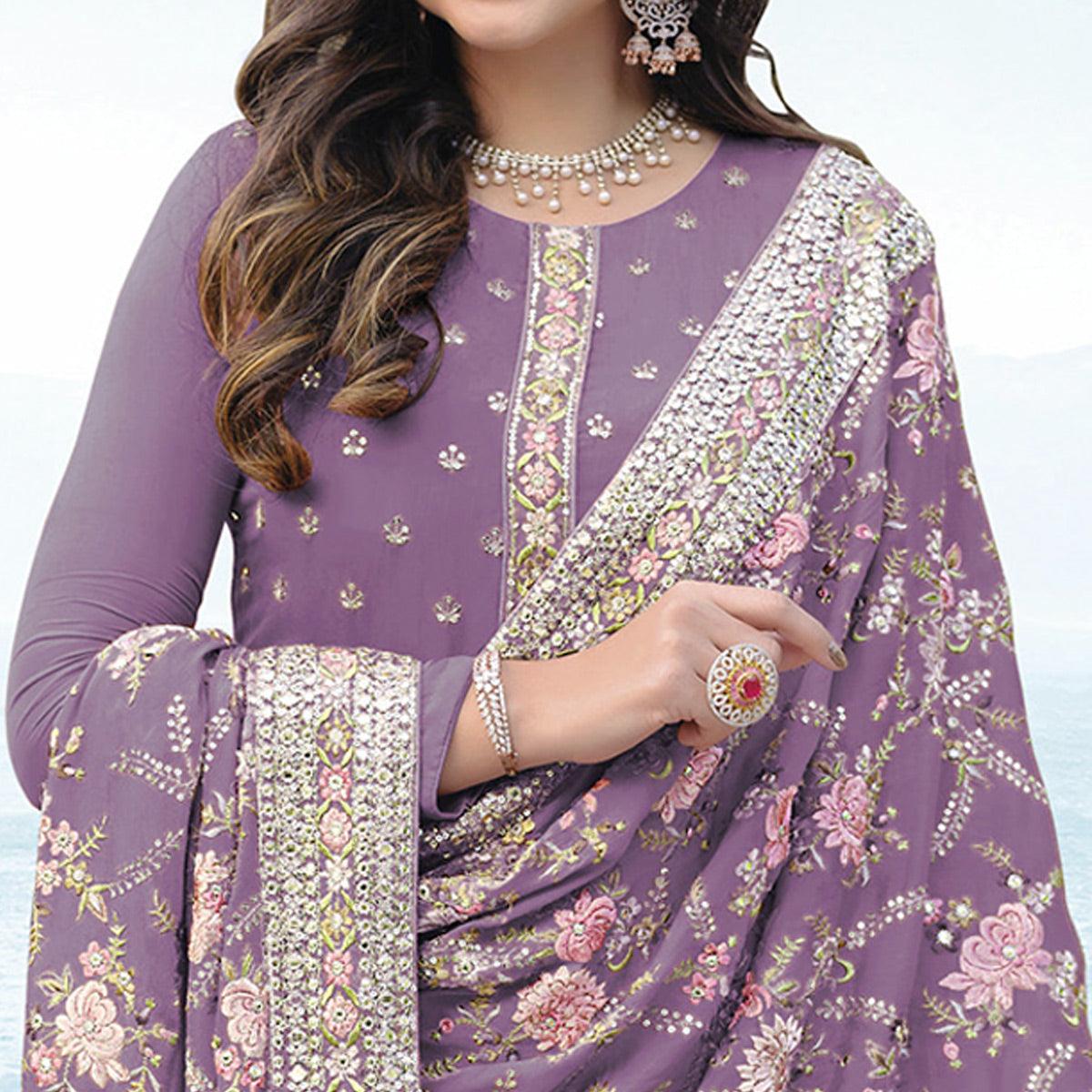Lavender Embroidered With Embellished Georgette Salwar Suit
