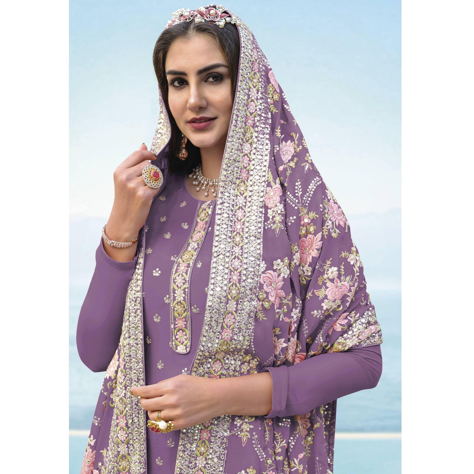 Lavender Embroidered With Embellished Georgette Salwar Suit